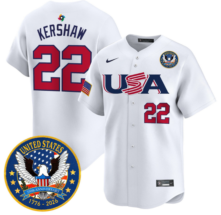 Men Team USA World Baseball Classic 250th Anniversary #22 Kershaw white 2026 Roster Patch Vapor Jersey->los angeles dodgers->MLB Jersey
